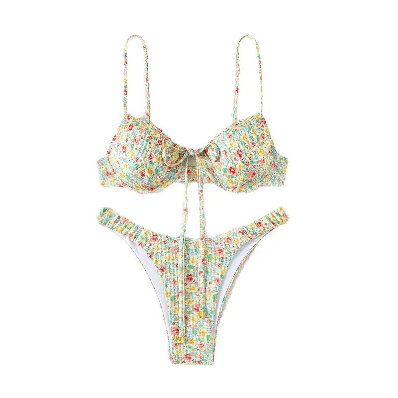 Bikini Floral Riviera | Diseño Triangular con Aros Dorados