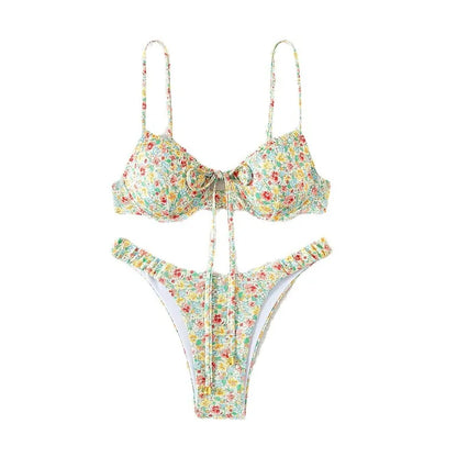 Bikini Floral Riviera | Diseño Triangular con Aros Dorados